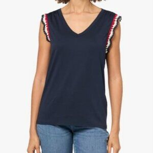Nautica Women's Solid Cotton V-neck Sleeveless Top With Crocheted Trim Sleeve